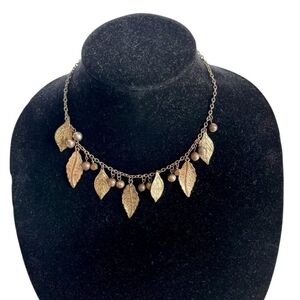 Gold Tone Multi Leaf & Brown Bead Dangle Choker Necklace 16" Statement Jewelry